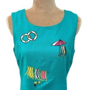 Vintage ULTRA DRESS NY Linen Blend Shift Dress Coastal Embroidery Cape Cod Sz 8